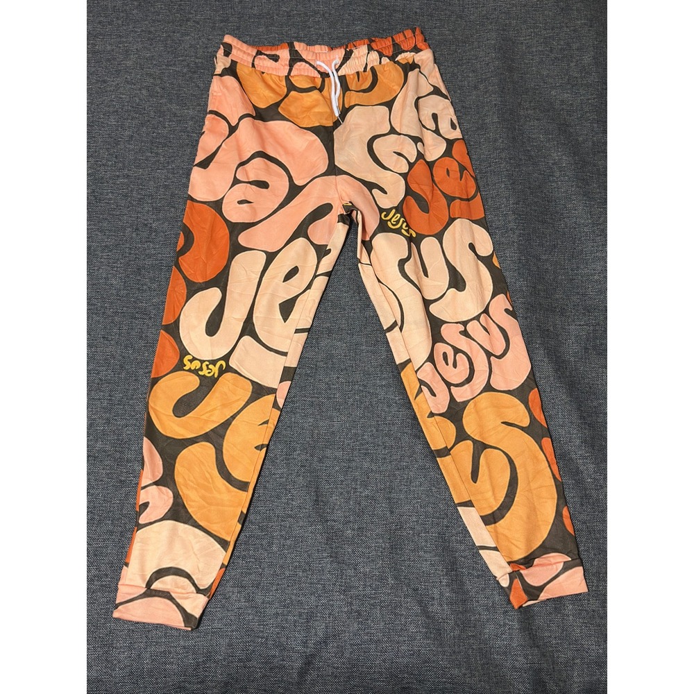 Unbranded Mens 2XL Jogger Pants Jesus All Over Print Orange Retro Graphic